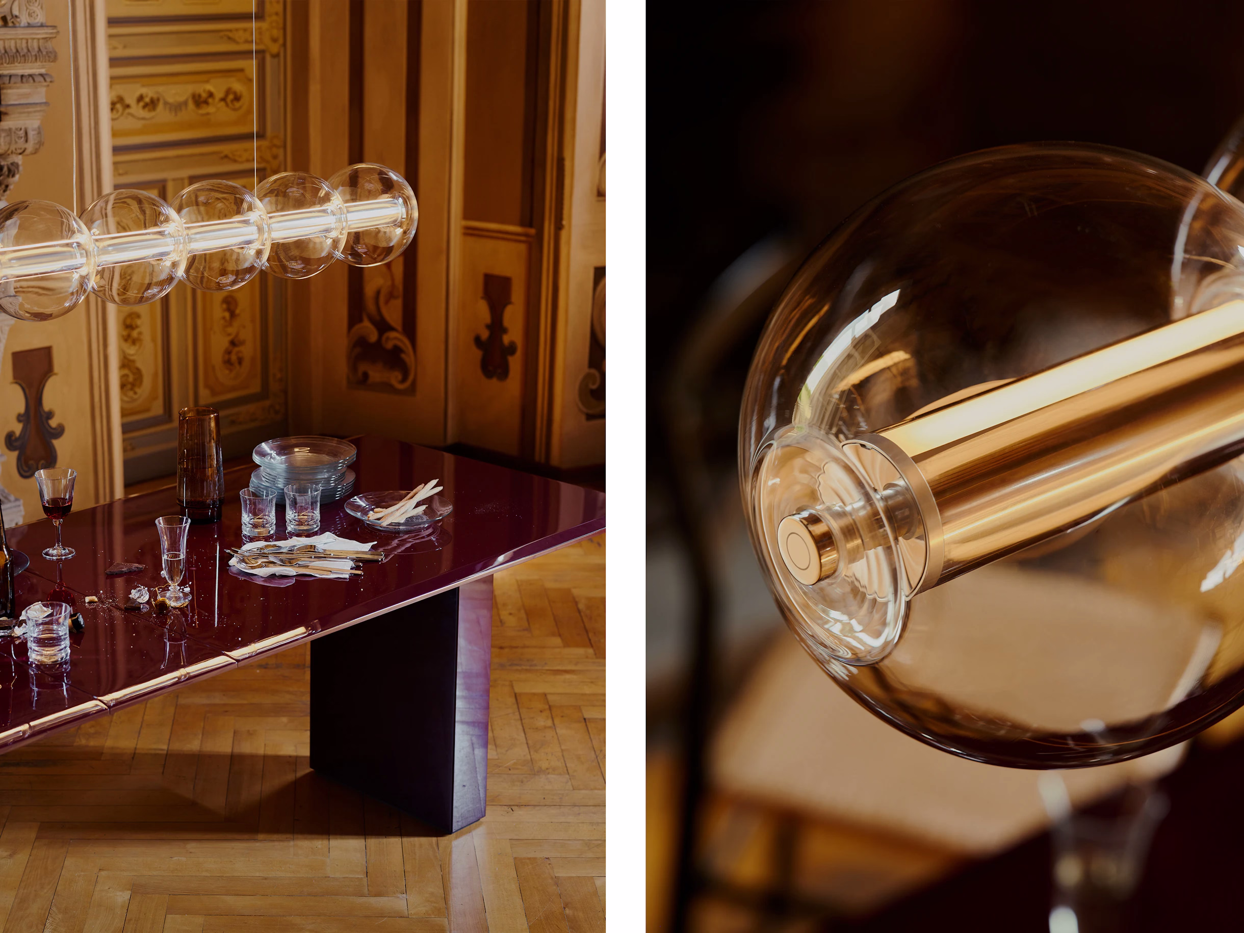 Close-up detail of the Luce Sferica touch dimmer and aluminum profile